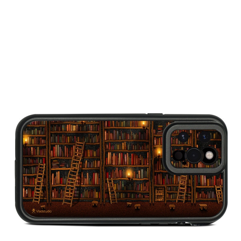 LifeProof iPhone 12 Pro Max fre Case Skin design of Shelving, Library, Bookcase, Shelf, Furniture, Book, Building, Publication, Room, Darkness, with black, red colors