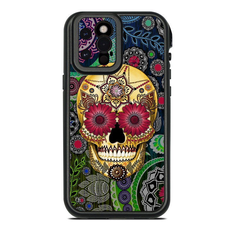 Lifeproof iPhone 12 Pro Max fre Case Skin design of Skull, Bone, Pattern, Psychedelic art, Visual arts, Design, Illustration, Art, Textile, Plant, with black, red, gray, green, blue colors