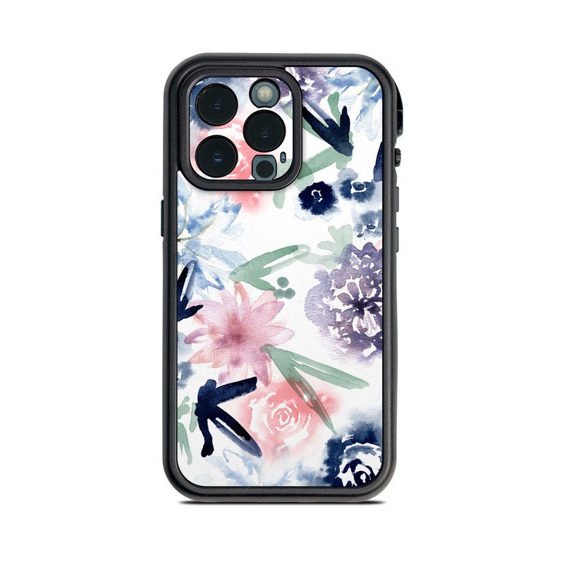 Lifeproof iPhone 13 Pro fre Case Skin design of Pattern, Graphic design, Design, Floral design, Plant, Flower, Illustration, with white, blue, purple, green, pink colors