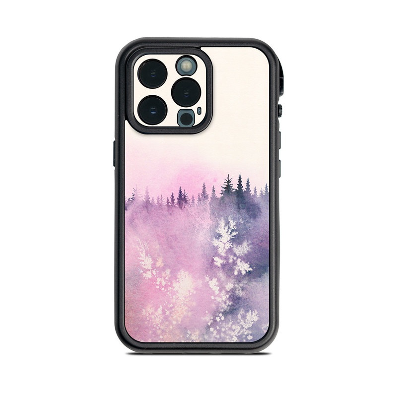 Lifeproof iPhone 13 Pro fre Case Skin design of Watercolor paint, Sky, Atmospheric phenomenon, Tree, Atmosphere, Cloud, Landscape, Forest, Painting, Illustration, with white, yellow, pink, purple, blue, black colors