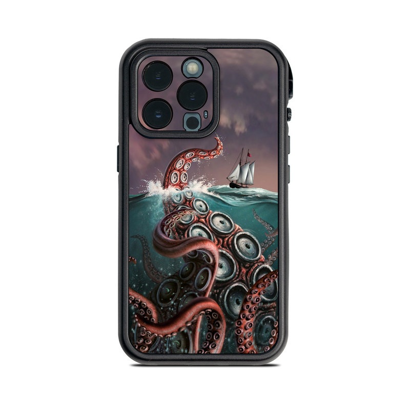 LifeProof iPhone 13 Pro fre Case Skin design of Octopus, Water, Illustration, Wind wave, Sky, Graphic design, Organism, Cephalopod, Cg artwork, giant pacific octopus, with blue, gray, white, brown, red colors