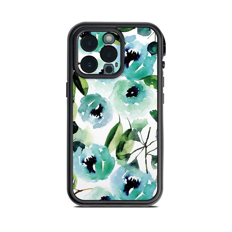 Lifeproof iPhone 13 Pro fre Case Skin design of Green, Pattern, Leaf, Aqua, Plant, Design, Branch, Organism, Flower, Ivy, with white, green, blue, black colors