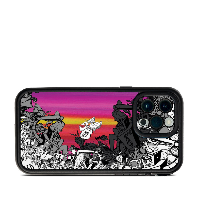 Lifeproof iPhone 13 Pro Max fre Case Skin design of Cartoon, Illustration, Graphic design, Fiction, Fictional character, Font, Comics, Art, Drawing, Graphics, with black, gray, purple, white, red, green colors
