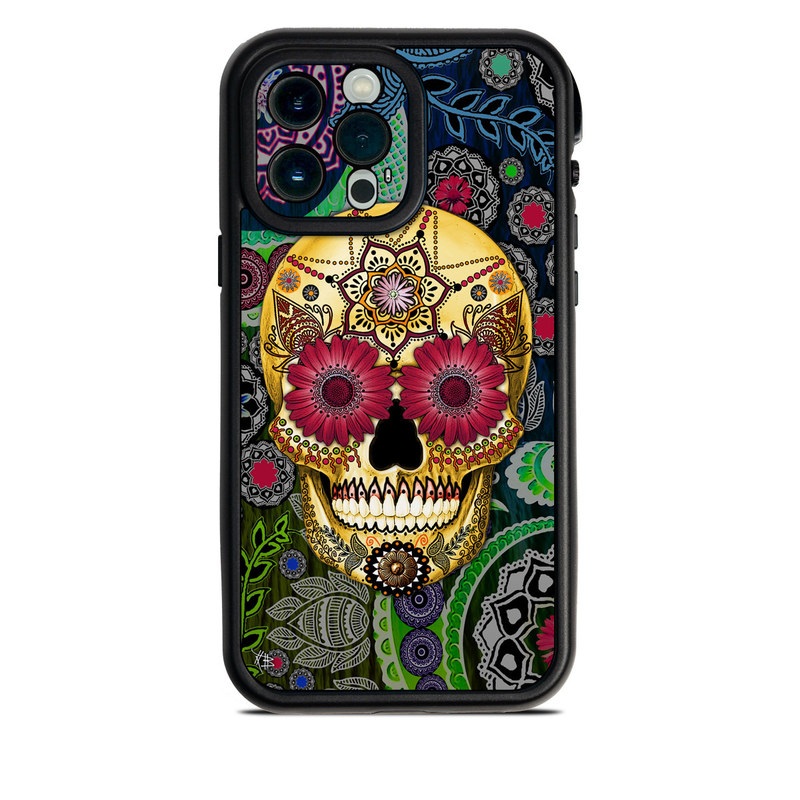 LifeProof iPhone 13 Pro Max fre Case Skin design of Skull, Bone, Pattern, Psychedelic art, Visual arts, Design, Illustration, Art, Textile, Plant, with black, red, gray, green, blue colors