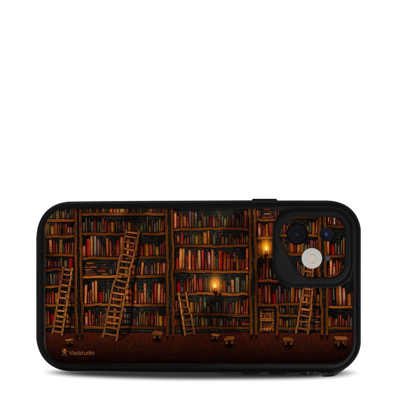 Lifeproof iPhone 11 fre Case Skin design of Shelving, Library, Bookcase, Shelf, Furniture, Book, Building, Publication, Room, Darkness, with black, red colors