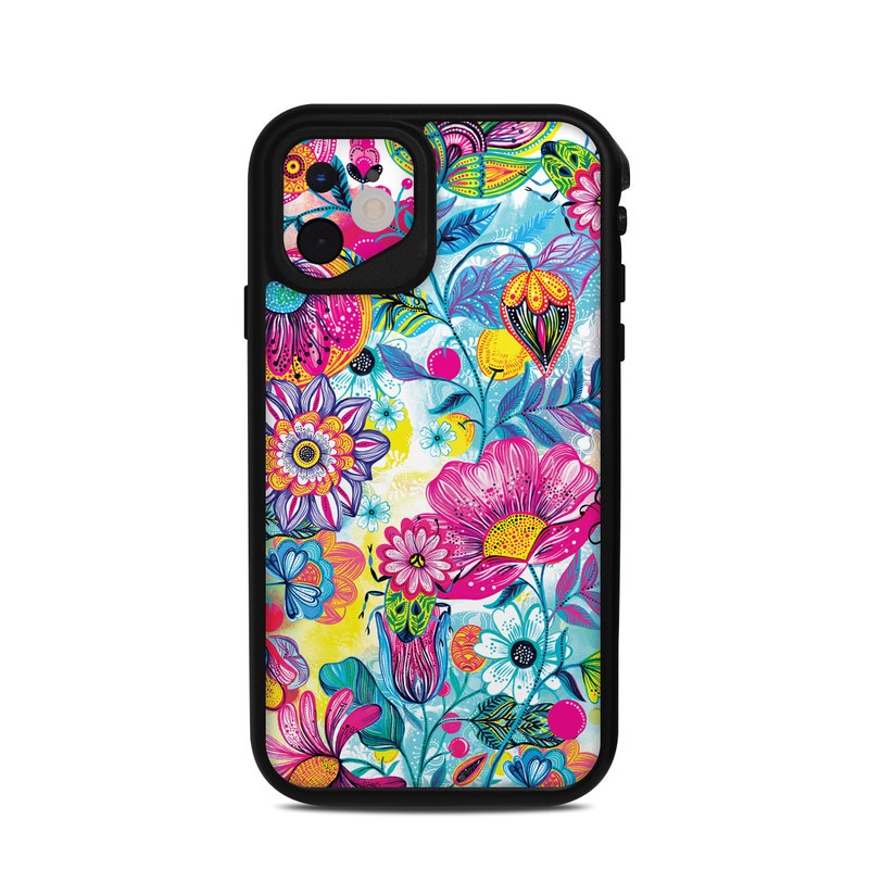 LifeProof iPhone 11 fre Case Skin design of Pattern, Floral design, Textile, Design, Flower, Wildflower, Visual arts, Plant, Wrapping paper, with blue, pink, purple, green, yellow, orange, white colors