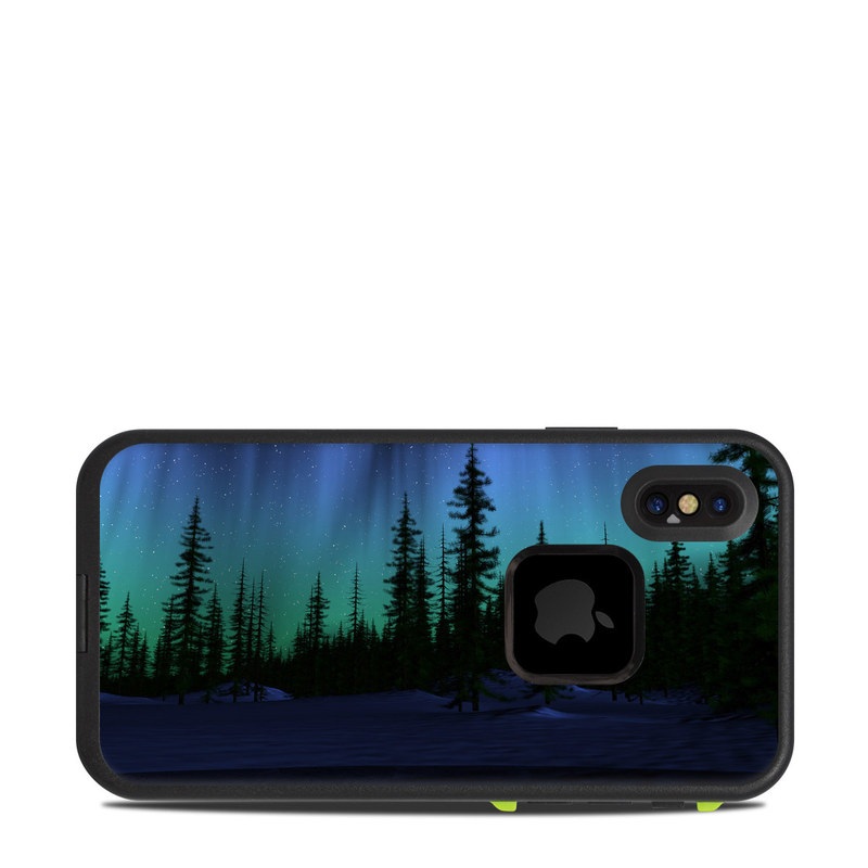 LifeProof iPhone X fre Case Skin design of Aurora, Nature, Sky, shortleaf black spruce, Natural landscape, Tree, Wilderness, Natural environment, Biome, Spruce-fir forest, with blue, purple, green, black colors