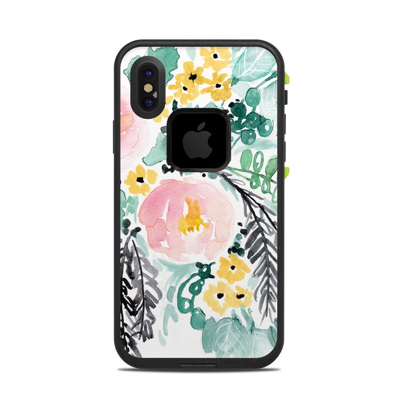 LifeProof iPhone X fre Case Skin design of Branch, Clip art, Watercolor paint, Flower, Leaf, Botany, Plant, Illustration, Design, Graphics with green, pink, red, orange, yellow colors
