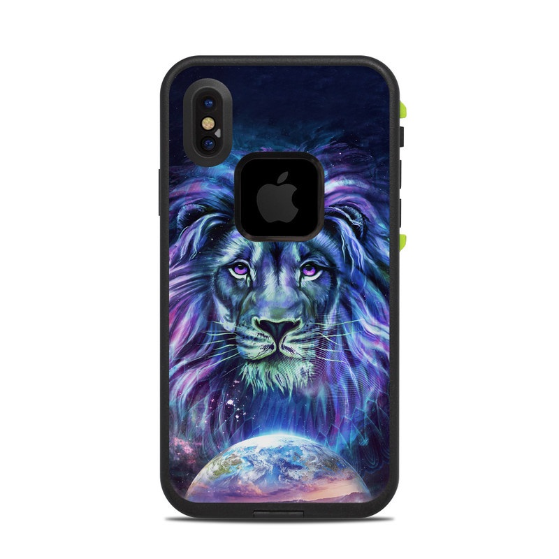 LifeProof iPhone X fre Case Skin design of Lion, Felidae, Purple, Wildlife, Big cats, Illustration, Darkness, Space, Painting, Art, with purple, blue, green, black, white, red colors