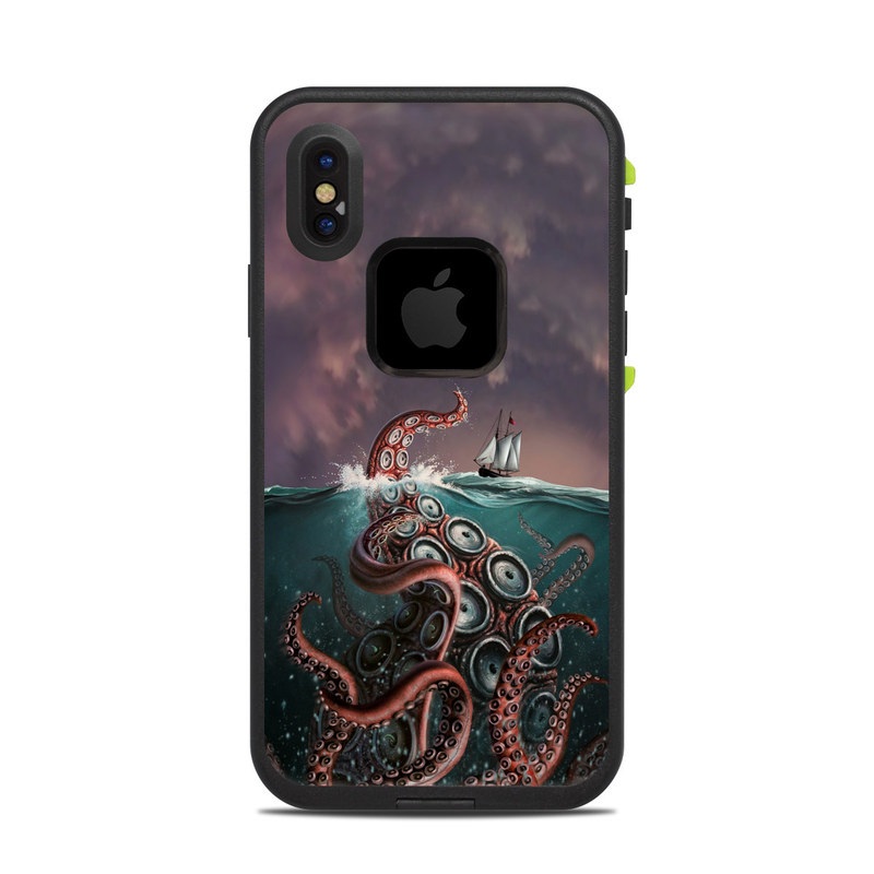 LifeProof iPhone X fre Case Skin design of Octopus, Water, Illustration, Wind wave, Sky, Graphic design, Organism, Cephalopod, Cg artwork, giant pacific octopus, with blue, gray, white, brown, red colors