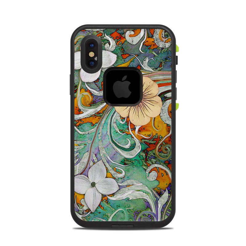 LifeProof iPhone X fre Case Skin design of Flower, Pattern, Plant, Wildflower, Floral design, Petal, Art, Painting, Visual arts, Wallpaper, with gray, black, green, blue, red colors