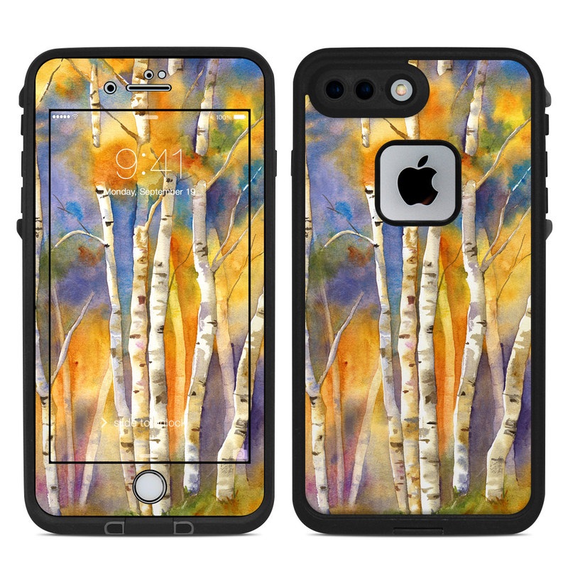 LifeProof iPhone 8 Plus fre Case Skin design of Canoe birch, Watercolor paint, Tree, Birch, Woody plant, Painting, Plant, Birch family, Paint, Trunk, with orange, yellow, green, white, purple, blue colors