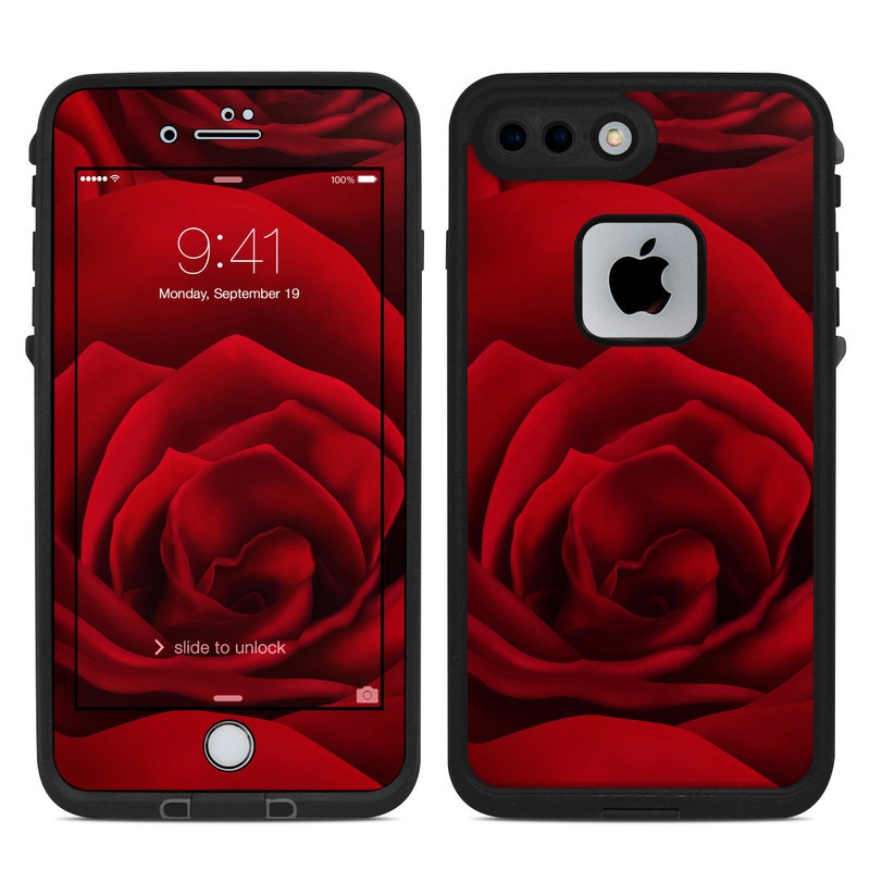 LifeProof iPhone 8 Plus fre Case Skin design of Red, Garden roses, Rose, Petal, Flower, Nature, Floribunda, Rose family, Close-up, Plant, with black, red colors