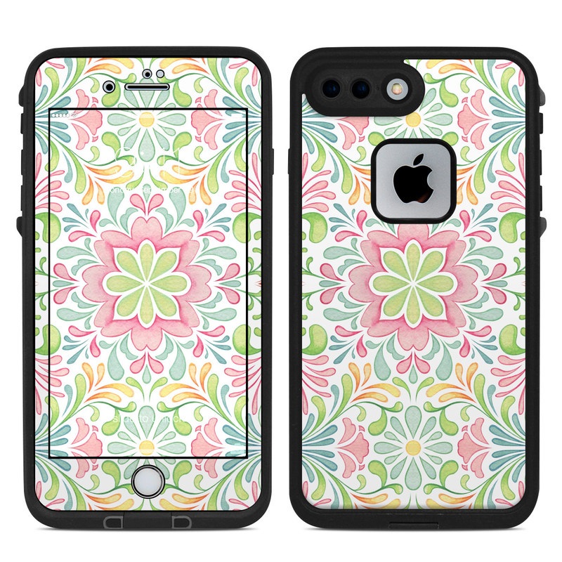 LifeProof iPhone 8 Plus fre Case Skin design of Pattern, Pink, Visual arts, Design, Textile, Wrapping paper, Symmetry, Floral design, Motif, with gray, white, pink, green colors