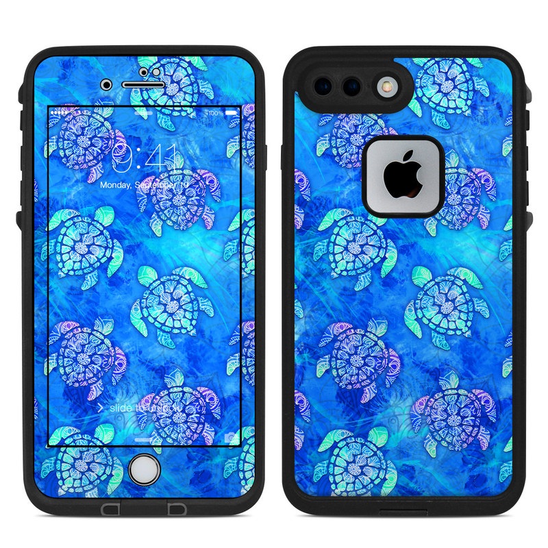 LifeProof iPhone 8 Plus fre Case Skin design of Blue, Pattern, Organism, Design, Sea turtle, Plant, Electric blue, Hydrangea, Flower, Symmetry, with blue, green, purple colors