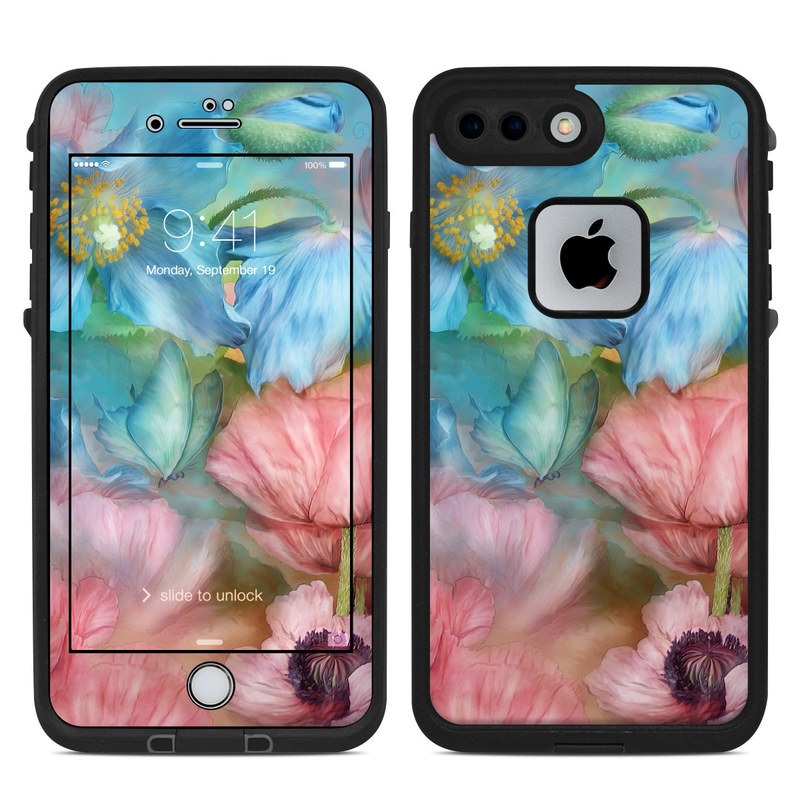 LifeProof iPhone 8 Plus fre Case Skin design of Flower, Petal, Watercolor paint, Painting, Plant, Flowering plant, Pink, Botany, Wildflower, Still life, with gray, blue, black, red, green colors