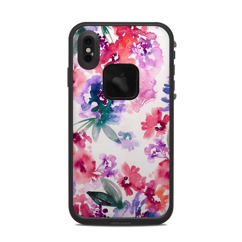 LifeProof iPhone XS Max fre Case Skin design of Purple, Pattern, Pink, Lilac, Violet, Flower, Watercolor paint, Floral design, Plant, Design, with green, pink, red, purple, white colors