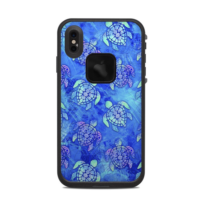 LifeProof iPhone XS Max fre Case Skin design of Blue, Pattern, Organism, Design, Sea turtle, Plant, Electric blue, Hydrangea, Flower, Symmetry, with blue, green, purple colors