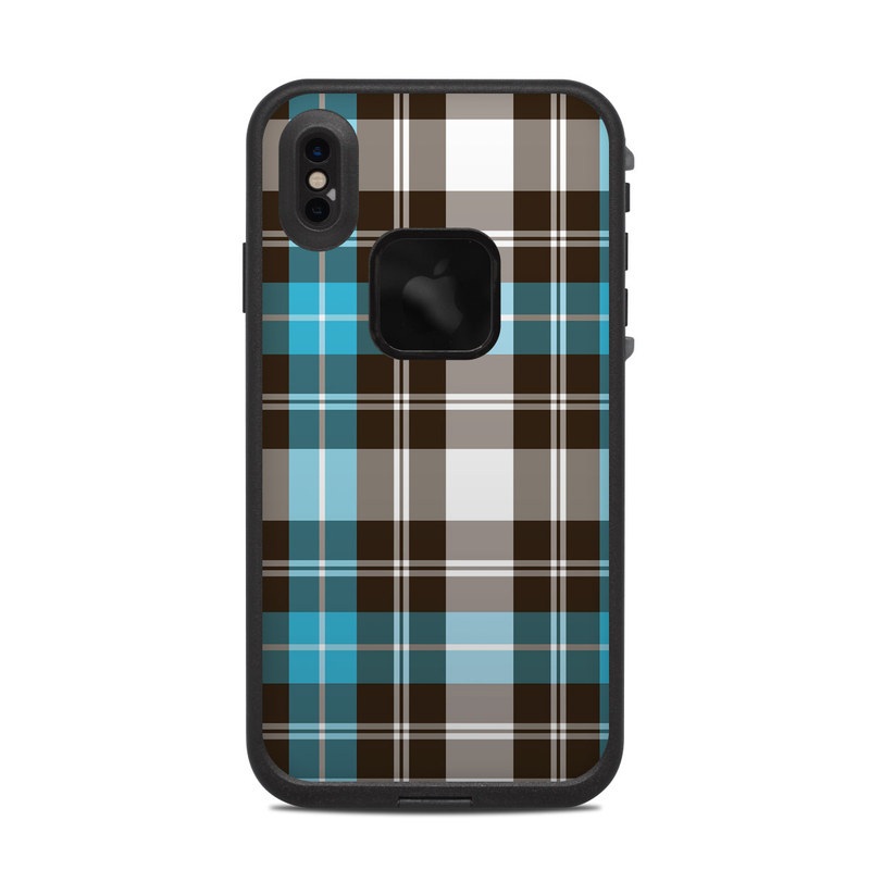 LifeProof iPhone XS Max fre Case Skin design of Plaid, Pattern, Tartan, Turquoise, Textile, Design, Brown, Line, Tints and shades, with gray, black, blue, white colors