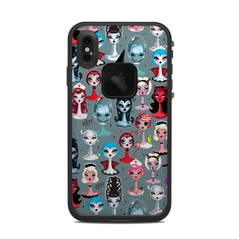 LifeProof iPhone XS Max fre Case Skin design of Facial expression, Head, Design, Collection, Fictional character, Pattern, Skull, Illustration, Collage, Style, with gray, white, red, blue, green, black, pink, purple colors