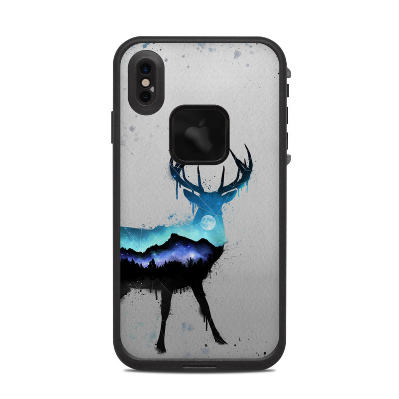 LifeProof iPhone XS Max fre Case Skin design of Reindeer, Deer, Illustration, Watercolor paint, Art, Elk, Wildlife, Drawing, Paint, Graphics, with gray, black, blue, purple, white colors