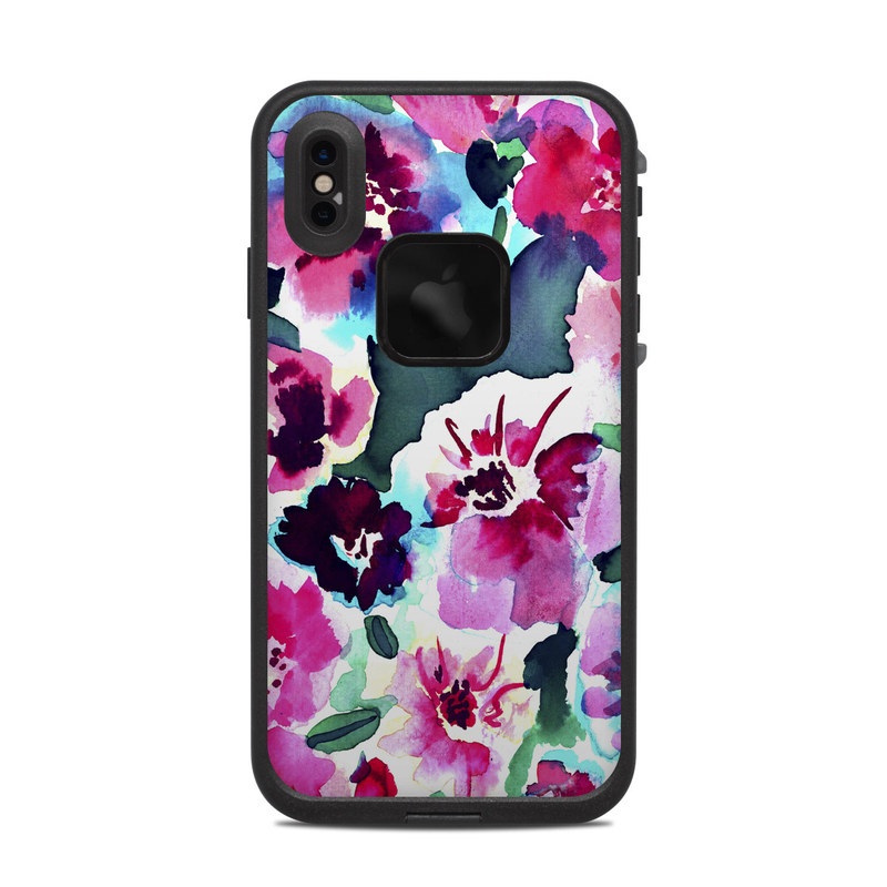 LifeProof iPhone XS Max fre Case Skin design of Flower, Pink, Petal, Plant, Pattern, Hawaiian hibiscus, Design, Magenta, Flowering plant, Watercolor paint, with white, pink, blue, green, red colors