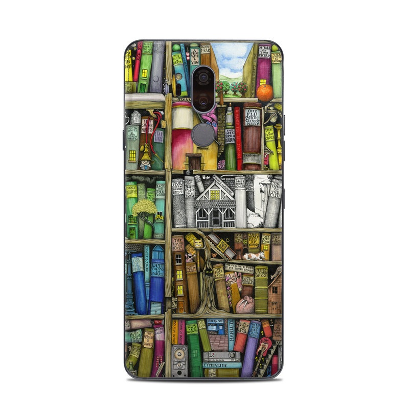 LG G7 ThinQ Skin design of Collection, Art, Visual arts, Bookselling, Shelving, Painting, Building, Shelf, Publication, Modern art, with brown, green, blue, red, pink colors