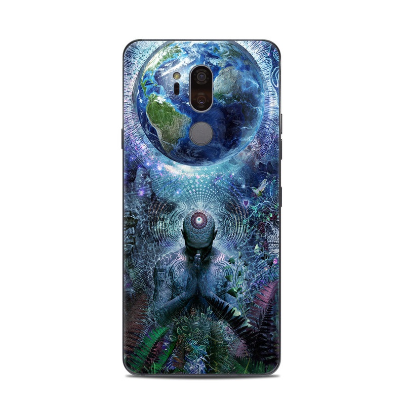 LG G7 ThinQ Skin design of Psychedelic art, Fractal art, Art, Space, Organism, Earth, Sphere, Graphic design, Circle, Graphics, with blue, green, gray, purple, pink, black, white colors