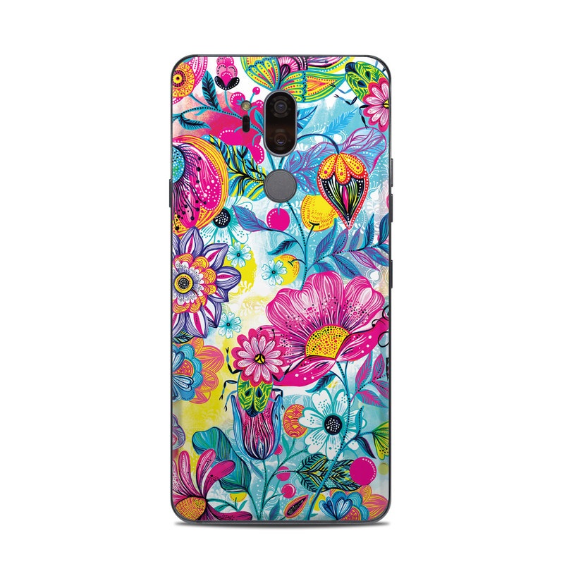 LG G7 ThinQ Skin design of Pattern, Floral design, Textile, Design, Flower, Wildflower, Visual arts, Plant, Wrapping paper, with blue, pink, purple, green, yellow, orange, white colors