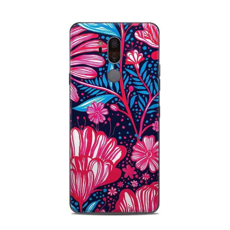 LG G7 ThinQ Skin design of Pattern, Red, Pink, Floral design, Textile, Design, Flower, Plant, Petal with black, white, red, blue, pink colors