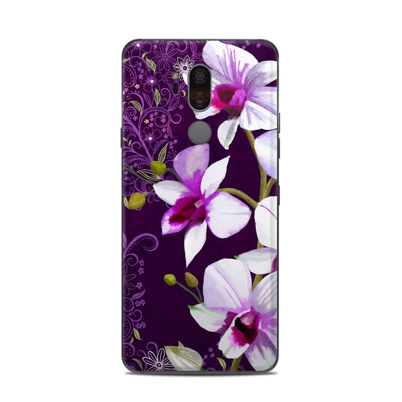 LG G7 ThinQ Skin design of Flower, Purple, Petal, Violet, Lilac, Plant, Flowering plant, cooktown orchid, Botany, Wildflower, with black, gray, white, purple, pink colors
