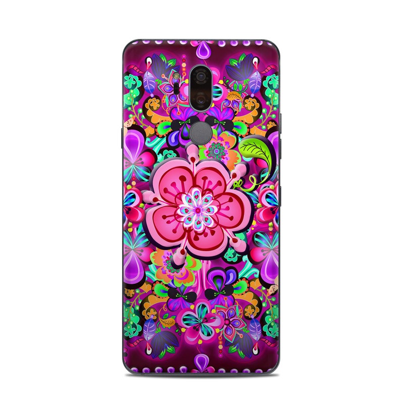 LG G7 ThinQ Skin design of Pattern, Pink, Design, Textile, Magenta, Art, Visual arts, Paisley with purple, black, red, gray, blue colors