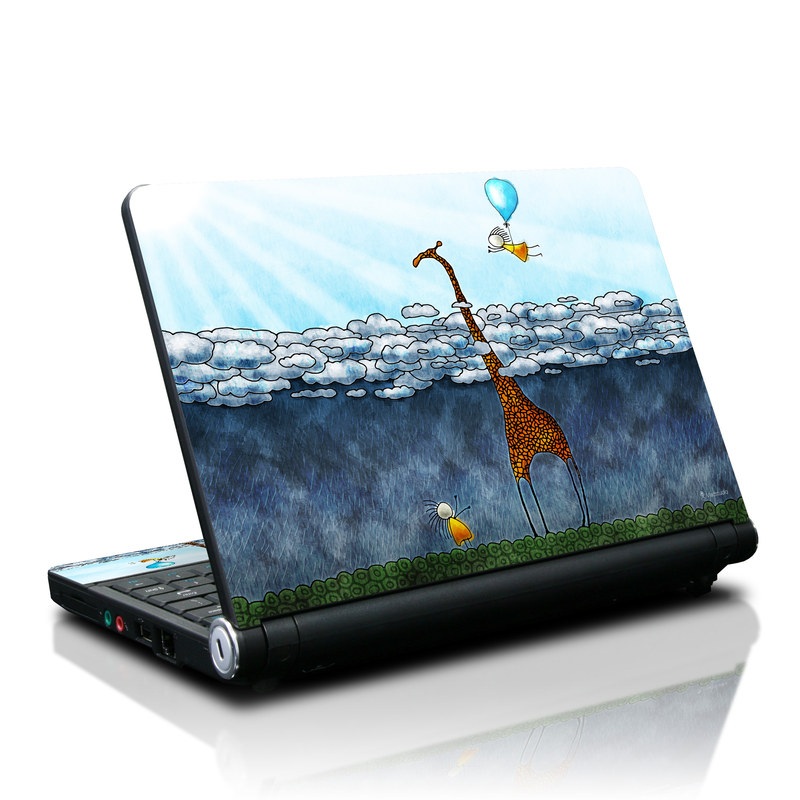 Lenovo IdeaPad S10 Skin design of Giraffe, Sky, Tree, Water, Branch, Giraffidae, Illustration, Cloud, Grassland, Bird, with blue, gray, yellow, green colors