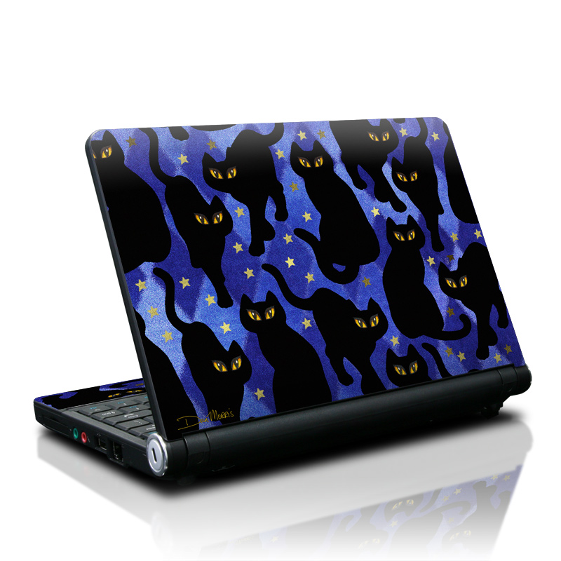 Lenovo IdeaPad S10 Skin design of Black cat, Black, Cat, Small to medium-sized cats, Pattern, Felidae, Design, Electric blue, Illustration, Art, with black, blue, purple, yellow colors
