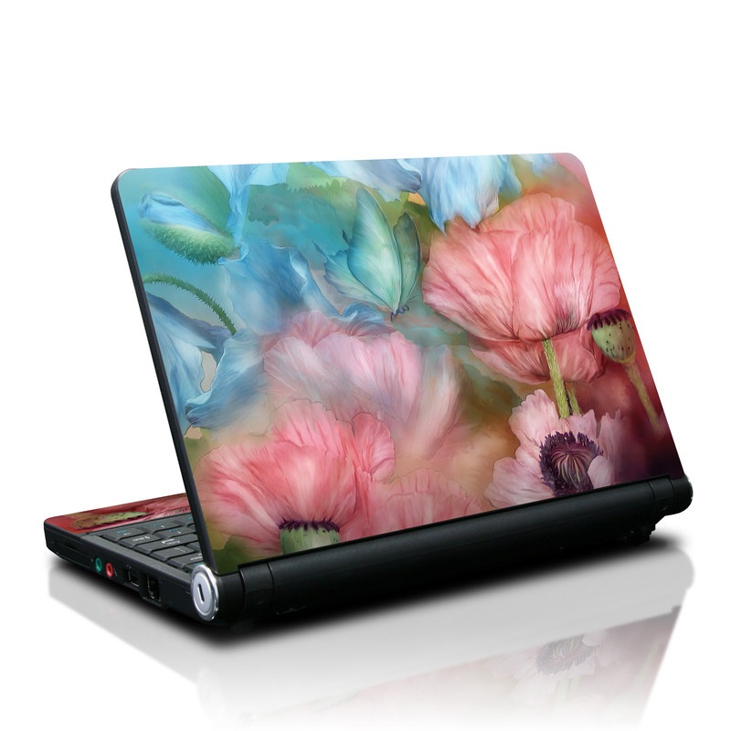 Lenovo IdeaPad S10 Skin design of Flower, Petal, Watercolor paint, Painting, Plant, Flowering plant, Pink, Botany, Wildflower, Still life, with gray, blue, black, red, green colors