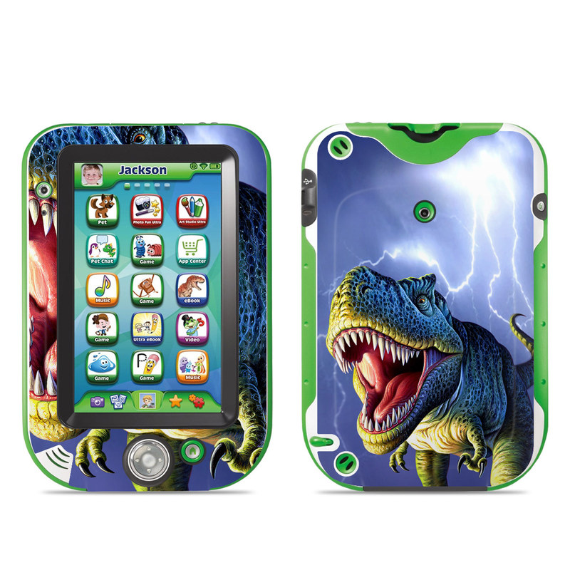 LeapFrog LeapPad Ultra Skin design of Dinosaur, Extinction, Tyrannosaurus, Velociraptor, Tooth, Jaw, Organism, Mouth, Fictional character, Art with blue, green, yellow, orange, red colors