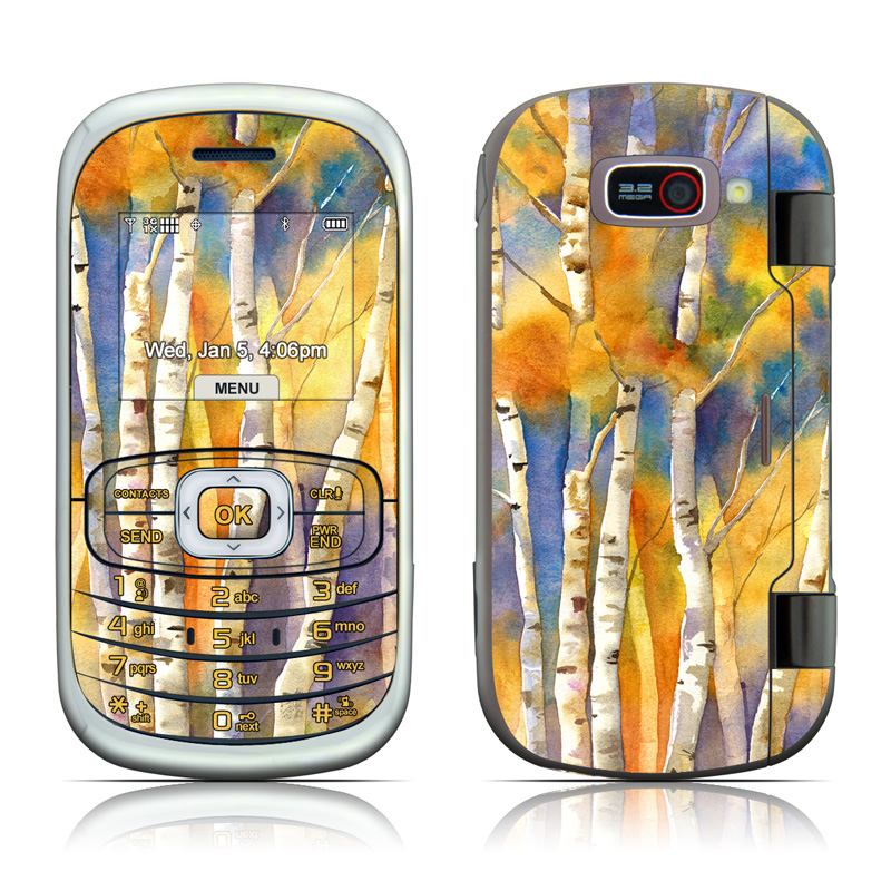 LG Octane VN530 Skin design of Canoe birch, Watercolor paint, Tree, Birch, Woody plant, Painting, Plant, Birch family, Paint, Trunk, with orange, yellow, green, white, purple, blue colors