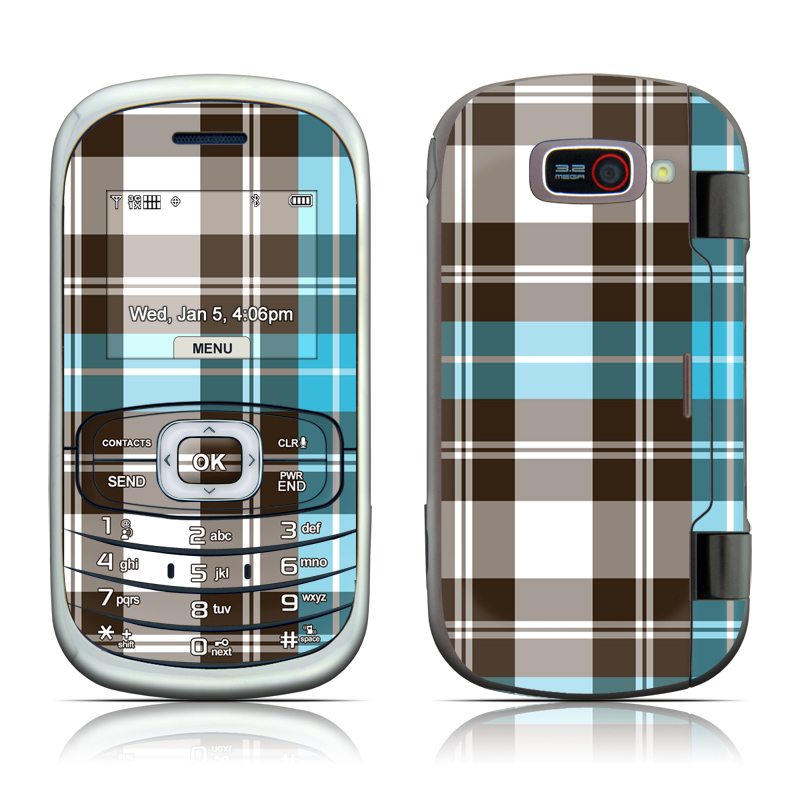 LG Octane VN530 Skin design of Plaid, Pattern, Tartan, Turquoise, Textile, Design, Brown, Line, Tints and shades, with gray, black, blue, white colors