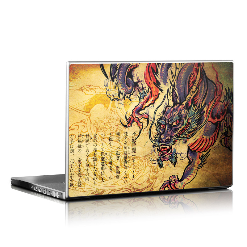 Laptop Skin design of Illustration, Fictional character, Art, Demon, Drawing, Visual arts, Dragon, Supernatural creature, Mythical creature, Mythology, with black, green, red, gray, pink, orange colors