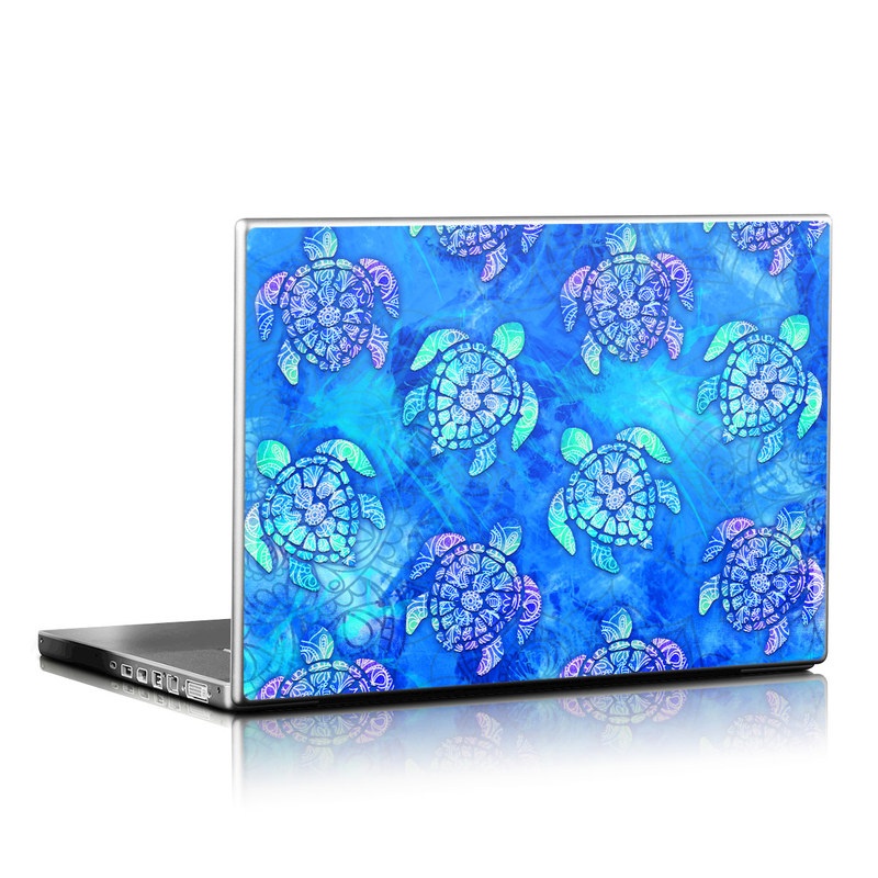 Laptop Skin design of Blue, Pattern, Organism, Design, Sea turtle, Plant, Electric blue, Hydrangea, Flower, Symmetry with blue, green, purple colors