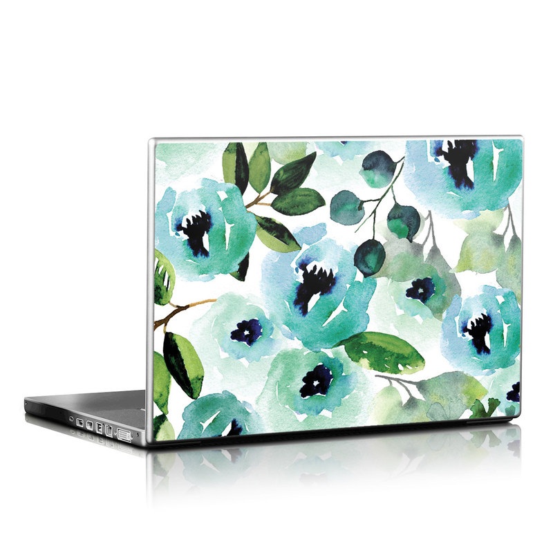 Laptop Skin design of Green, Pattern, Leaf, Aqua, Plant, Design, Branch, Organism, Flower, Ivy with white, green, blue, black colors
