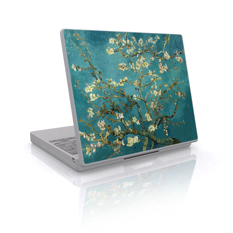 Laptop Skin design of Tree, Branch, Plant, Flower, Blossom, Spring, Woody plant, Perennial plant, with blue, black, gray, green colors