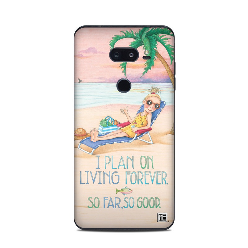 LG V35 ThinQ Skin design of Vacation, Product, Summer, Aqua, Illustration, Sun tanning, Fictional character, Caribbean, Graphics, Happy, with pink, green, brown, yellow, blue, white, red colors