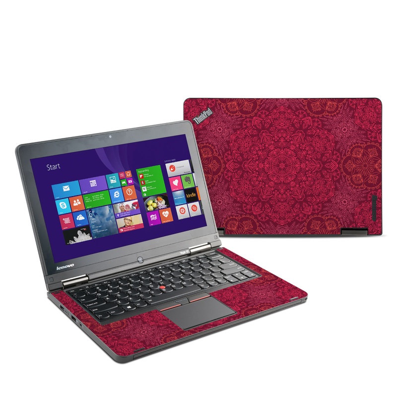 Lenovo ThinkPad Yoga 12 Skin design of Red, Pattern, Pink, Magenta, Purple, Maroon, Violet, Textile, Design, Wallpaper, with red, black colors