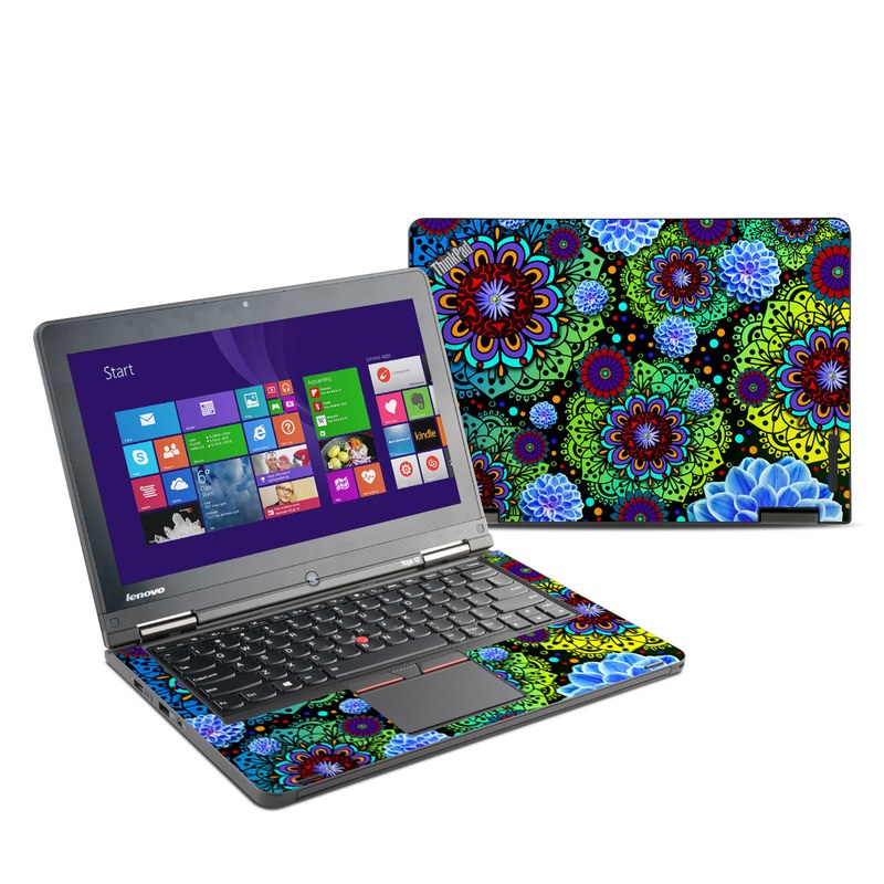 Lenovo ThinkPad Yoga 12 Skin design of Pattern, Psychedelic art, Design, Flower, Art, Visual arts, Floral design, Plant, Textile, Symmetry, with black, blue, green, purple colors