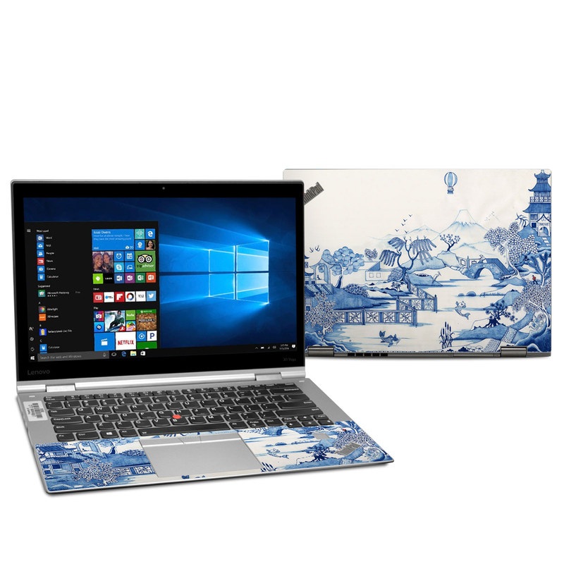 Lenovo ThinkPad X1 Yoga 2nd Gen Skin design of Blue, Blue and white porcelain, Winter, Christmas eve, Illustration, Snow, World, Art, with blue, white colors