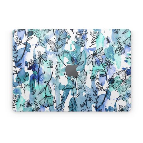 Blue Ink Floral Apple MacBook Skin