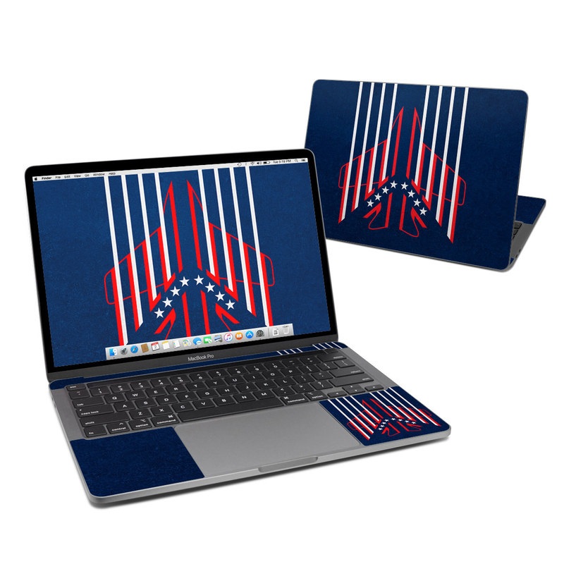 Apple MacBook Skin design of Sleeve, Font, Motor vehicle, T-shirt, Emblem, Poster, Electric blue, Symmetry, Symbol, Pattern, with blue, red, white colors