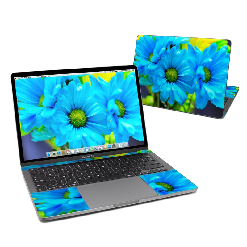 Apple MacBook Skin design of Blue, Flower, Petal, Green, Plant, Cobalt blue, Yellow, Flowering plant, Gerbera, Electric blue, with blue, black, green colors