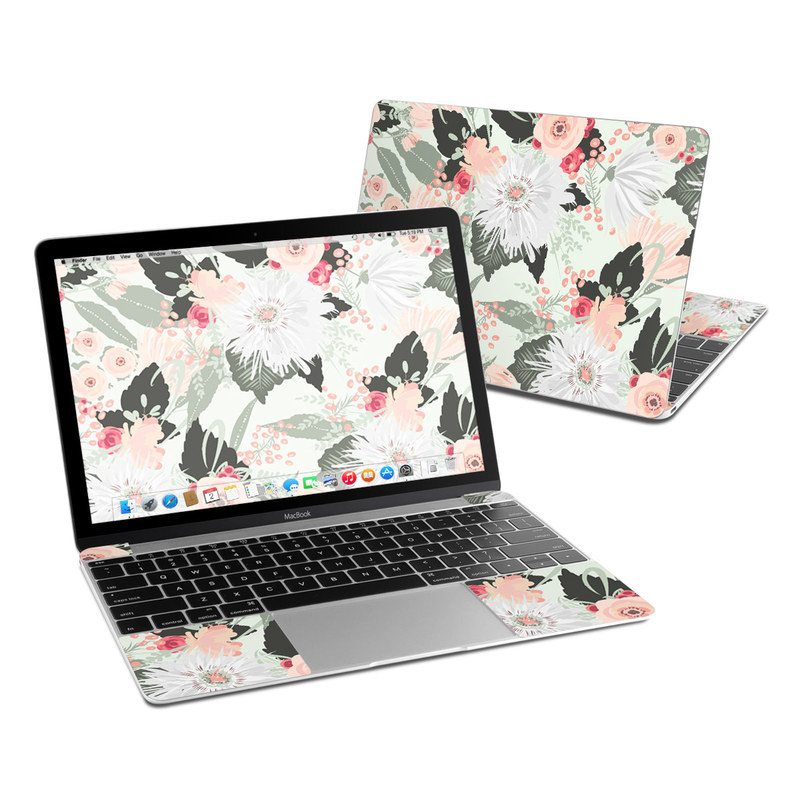 MacBook 12-inch Skin design of Pattern, Pink, Floral design, Design, Textile, Wrapping paper, Plant, Peach, Flower with green, red, white, pink colors